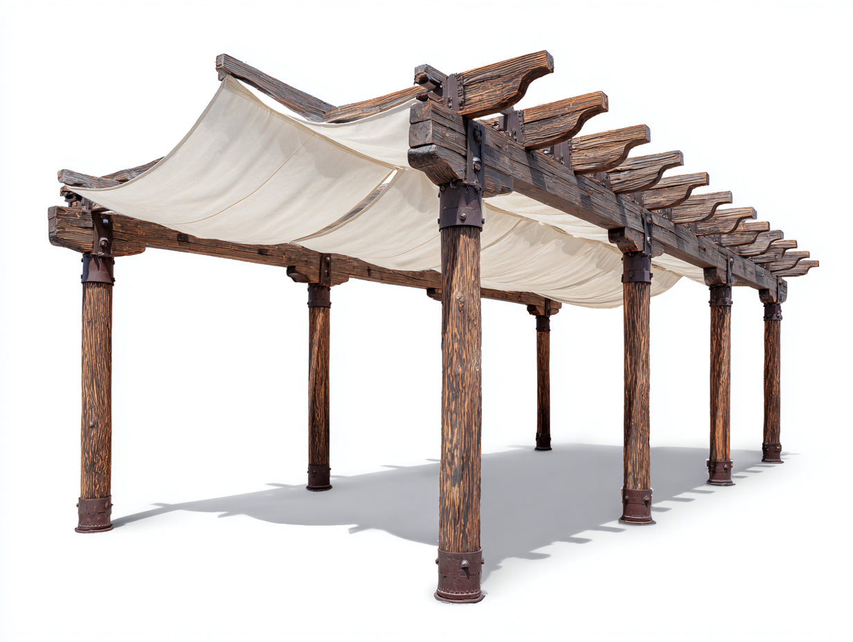 Pérgola de jardín madera y tela 450x300x260 cm - marrón-beige - estilo rústico con cubierta textil