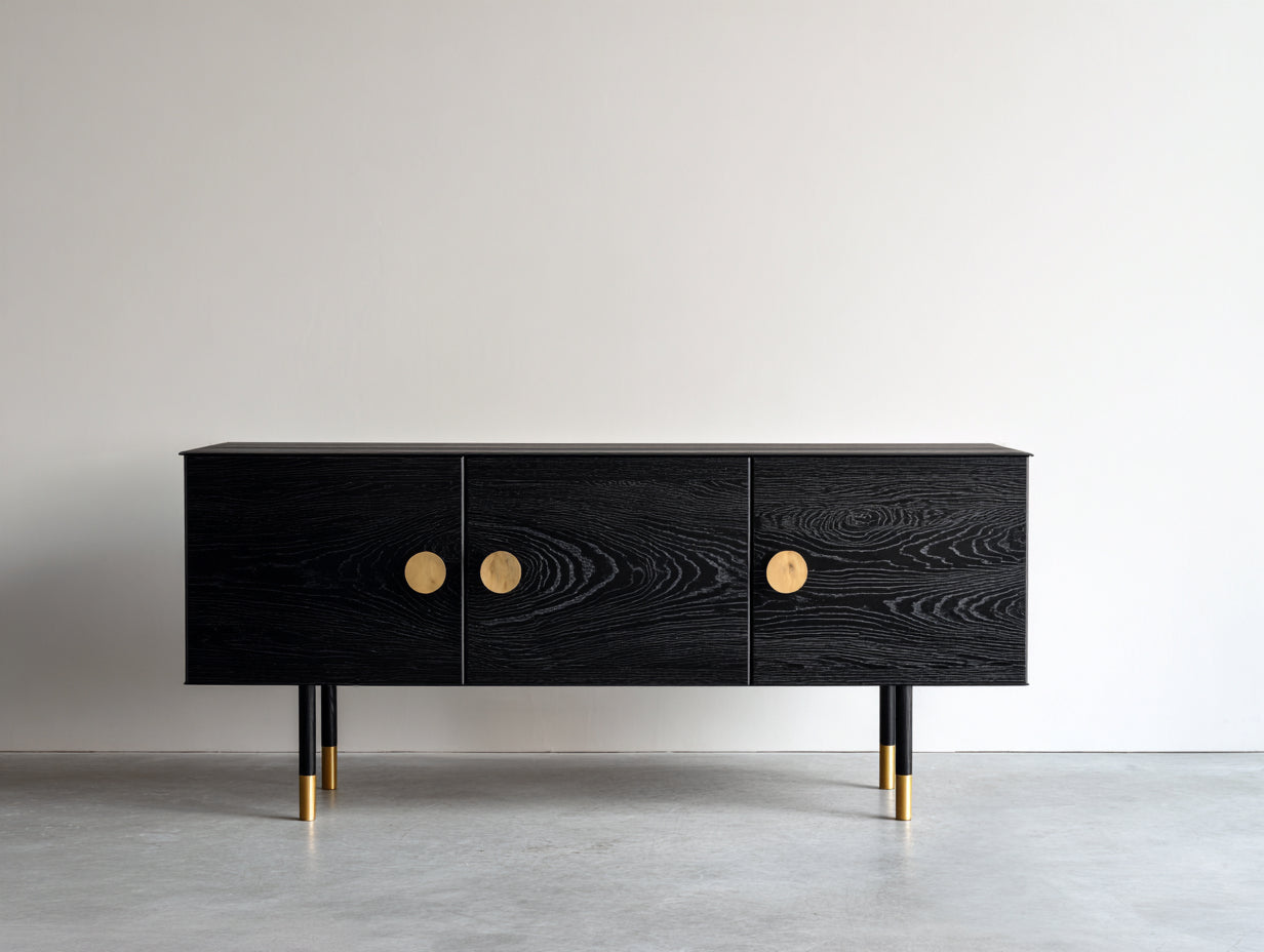 Mueble recibidor de madera 165x40x78 cm - negro-dorado - diseño moderno con veta visible para entrada