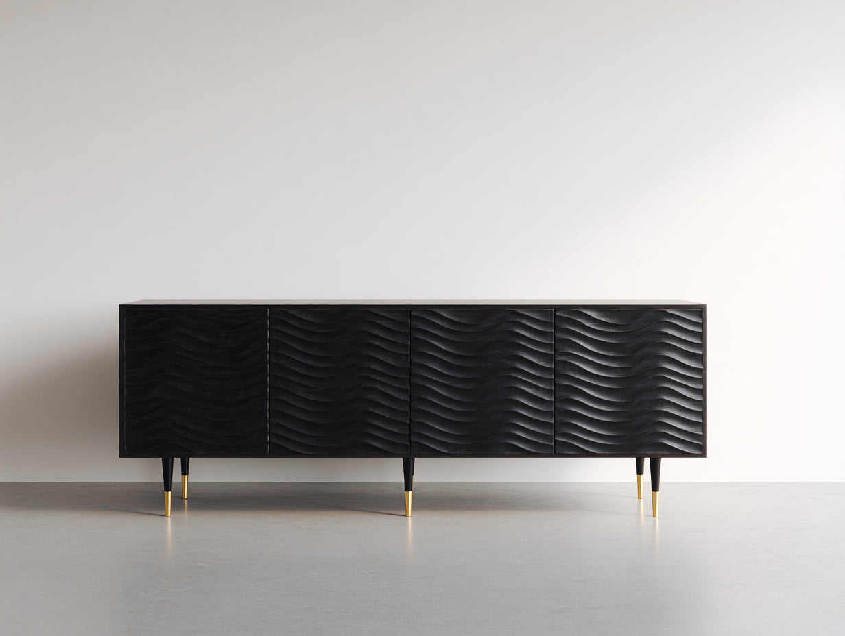 Mueble recibidor de madera 180x40x80 cm - negro y dorado - diseño ondulado con 4 puertas