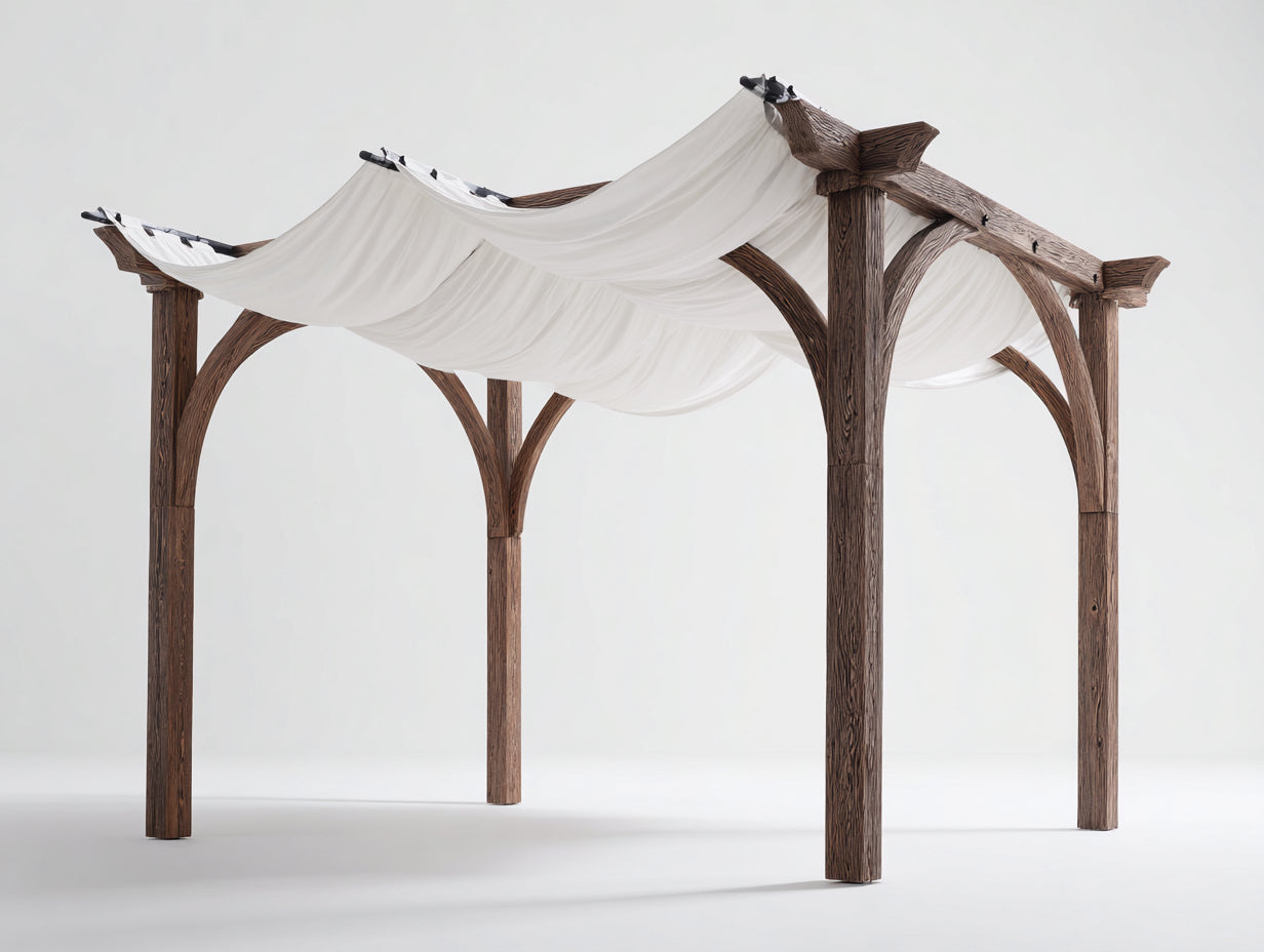 Pérgola de jardín madera y tela 350x350x270 cm - marrón-blanco - estilo rústico con cubierta textil