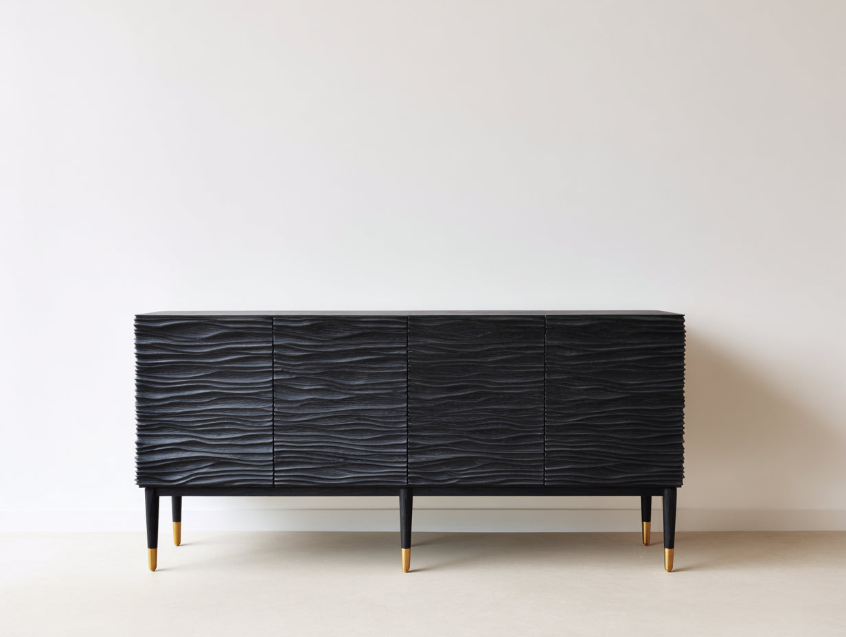 Mueble recibidor de madera 175x41x79 cm - negro-dorado - diseño moderno con relieve frontal para entrada