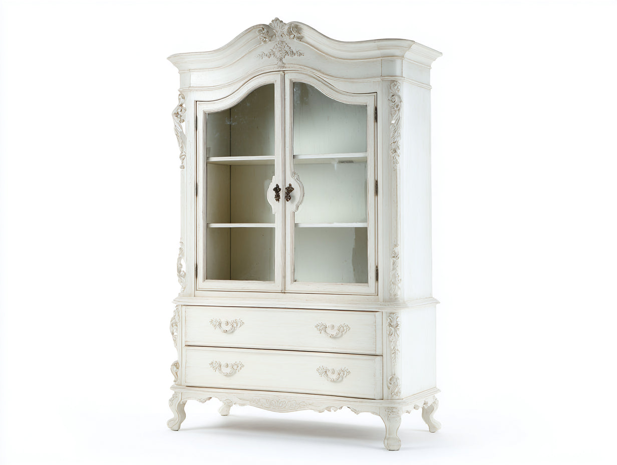 Estanterías de madera y vidrio 110x45x200 cm - blanco envejecido - diseño clásico con 2 puertas y 2 cajones