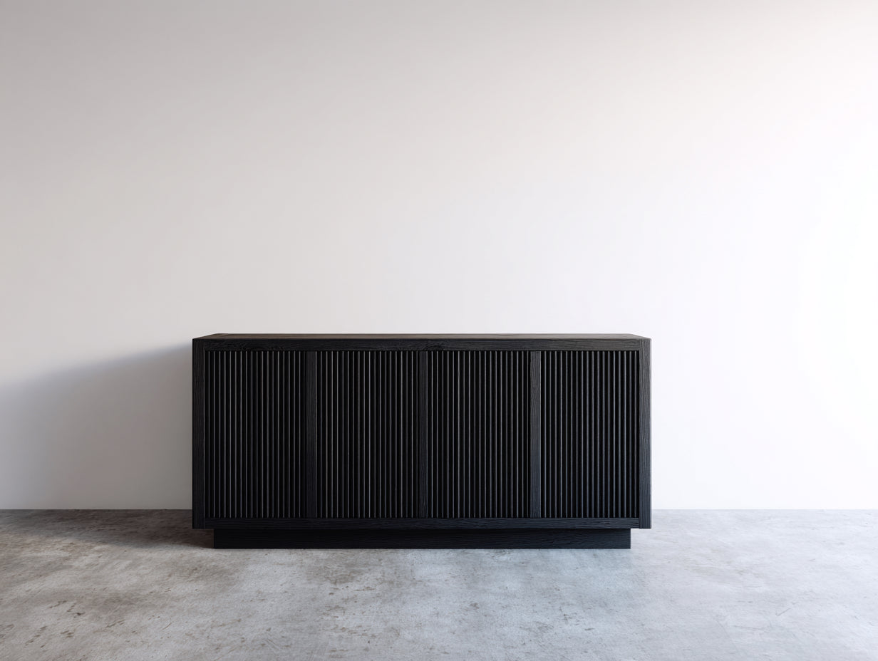 Mueble recibidor de madera 160x40x75 cm - negro - diseño acanalado con 4 puertas