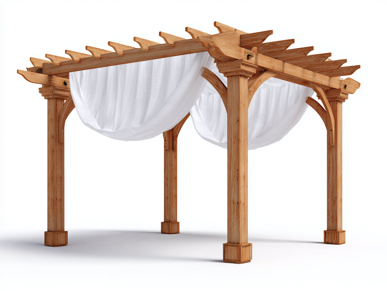 Pérgola de jardín de madera 300x300x250 cm - marrón y blanco - diseño rústico con cortinas