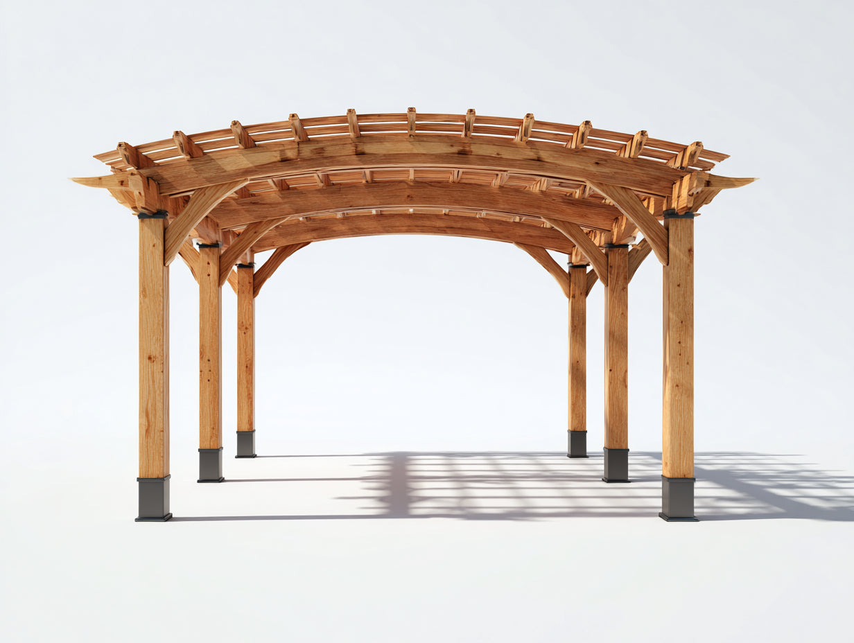 Pérgola de jardín de madera 420x320x270 cm - madera natural - diseño arqueado con techo abierto para exterior
