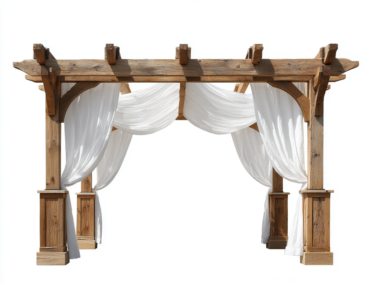 Pérgola de jardín madera 320x320x260 cm - marrón claro-blanco - estilo rústico con cortinas