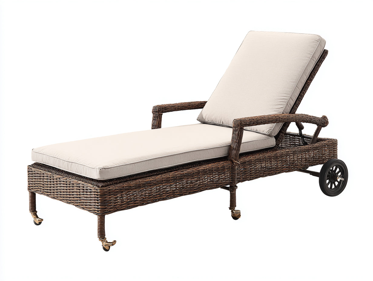 Tumbonas de ratán 195x75x95 cm - marrón beige y negro - diseño reclinable con ruedas