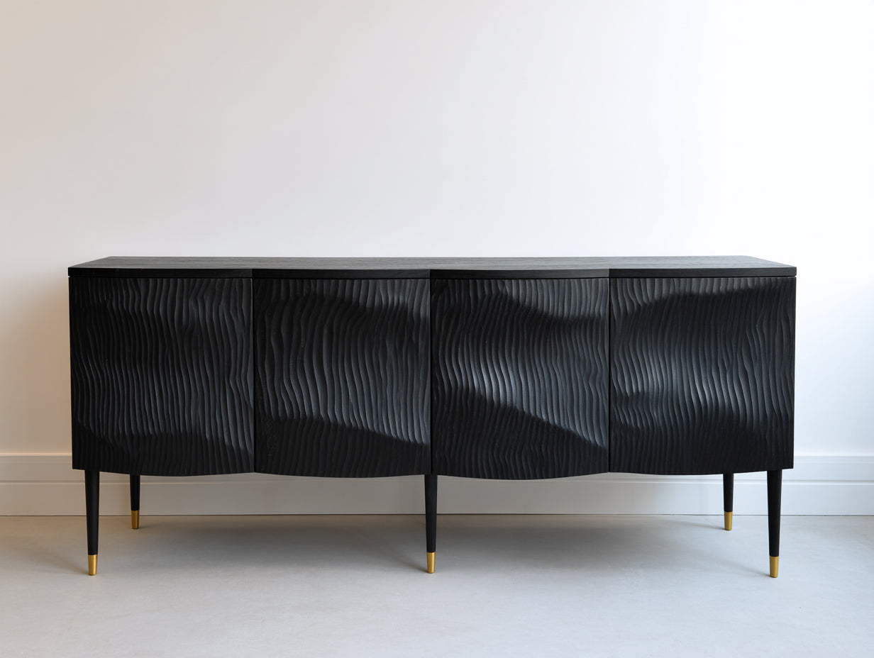 Mueble recibidor de madera 180x42x82 cm - negro y dorado - diseño ondulado con 4 puertas